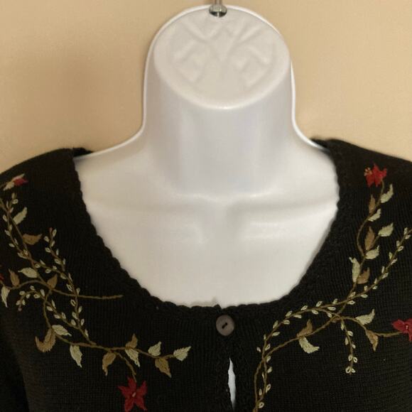 Peruvian Connection Black Floral Trim Pima Cotton Sweater Cardigan Size Large - Picture 12 of 16